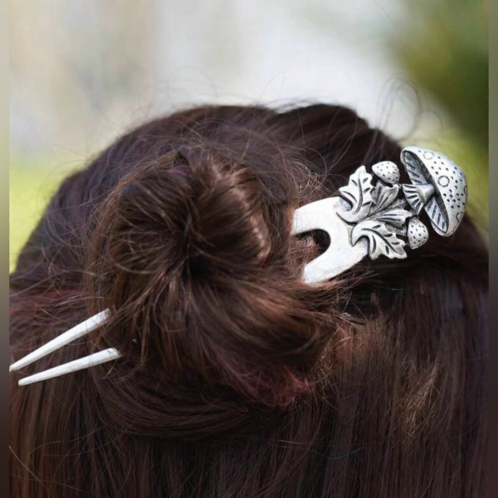 Bohemian Mushroom Hair Pin Accessory, with engraved details, Leaves, Fai…